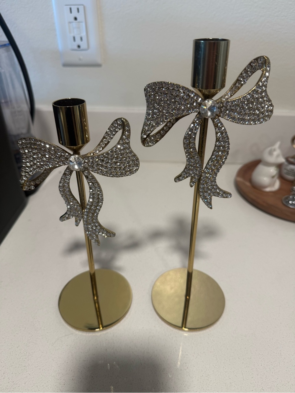 Gold Bow Crystal Accent Candle Holders - Elegant Home Accent